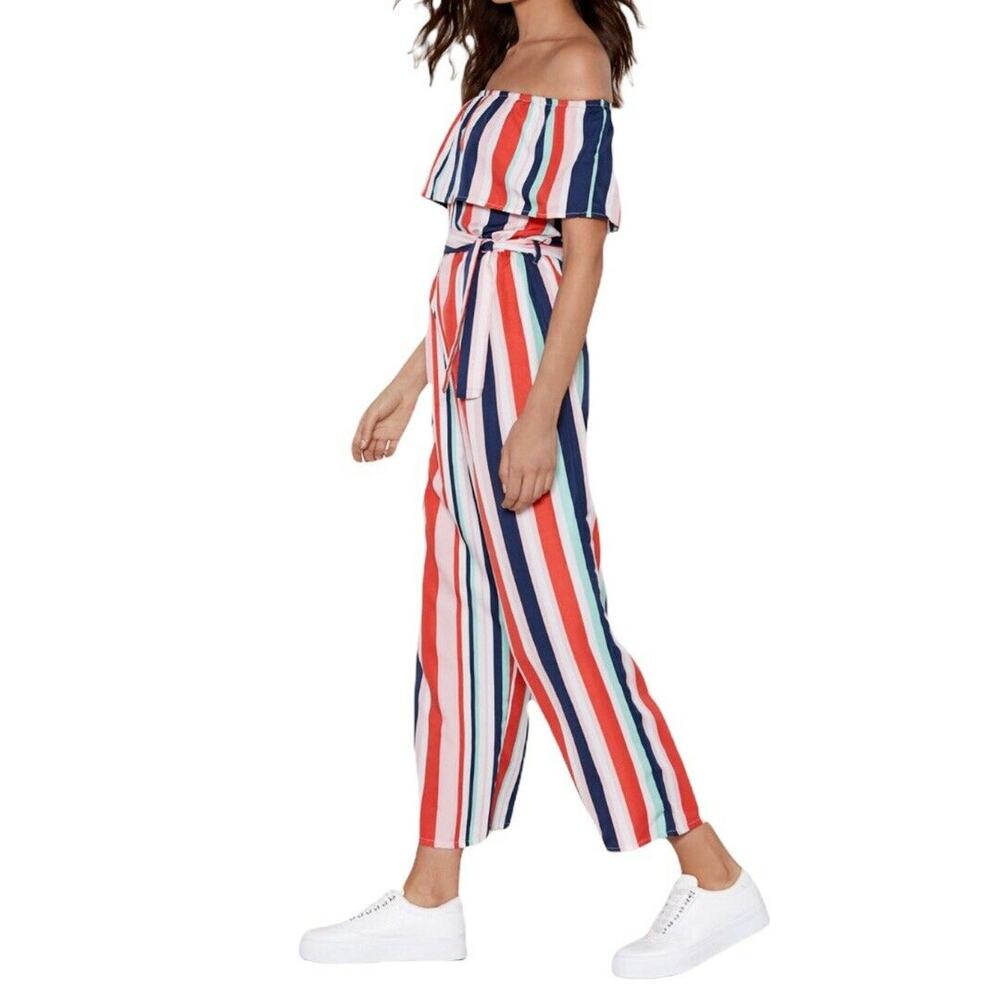 Nasty Gal Bardot Striped Wide Leg Off Shoulder Jumpsuit Size 2 New